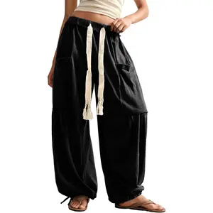Baggy Wide Leg Pants Casual Drawstring Harem Pants Bohemian Trousers with Big Pockets
