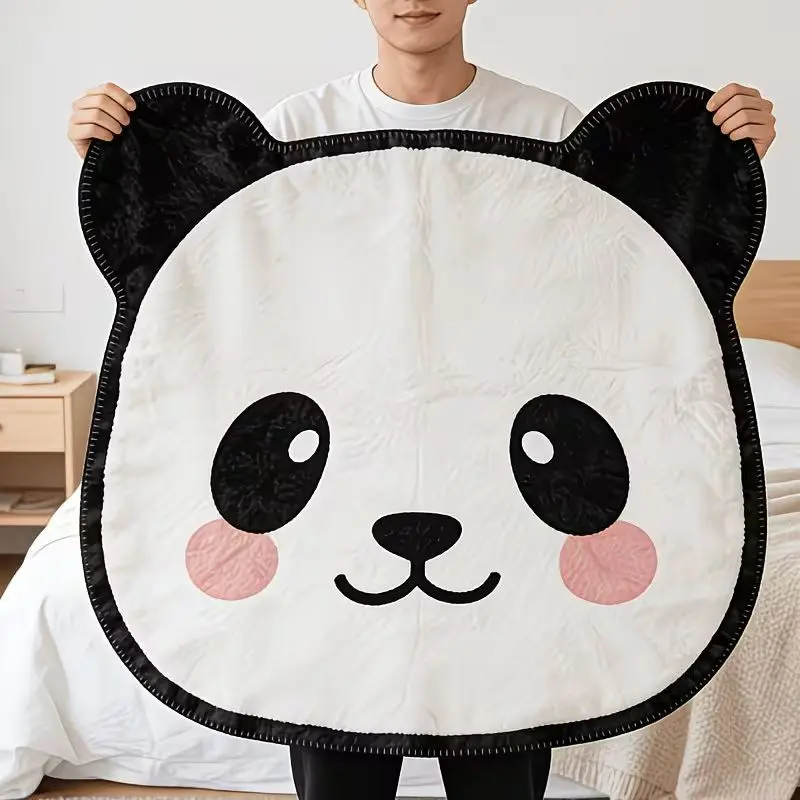 1pc Minimal Cartoon Panda Head Shaped Fleece Blanket, Black White Line Blush Cute Panda Face Print, Gentle Healing National Style Pet Vibe. Soft Warm Cozy Nap Throw, Multi-use for Sofa, Bed, Office, Shawl, Camping, Perfect Christmas Gift.