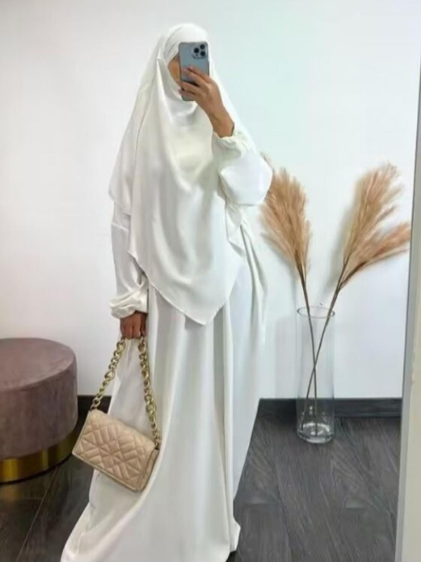 Women's Solid Long Sleeve Abaya & Hijab Set, Modest Fashionable Two-piece Outfits for Women, Women's Islamic Clothing for Daily Wear