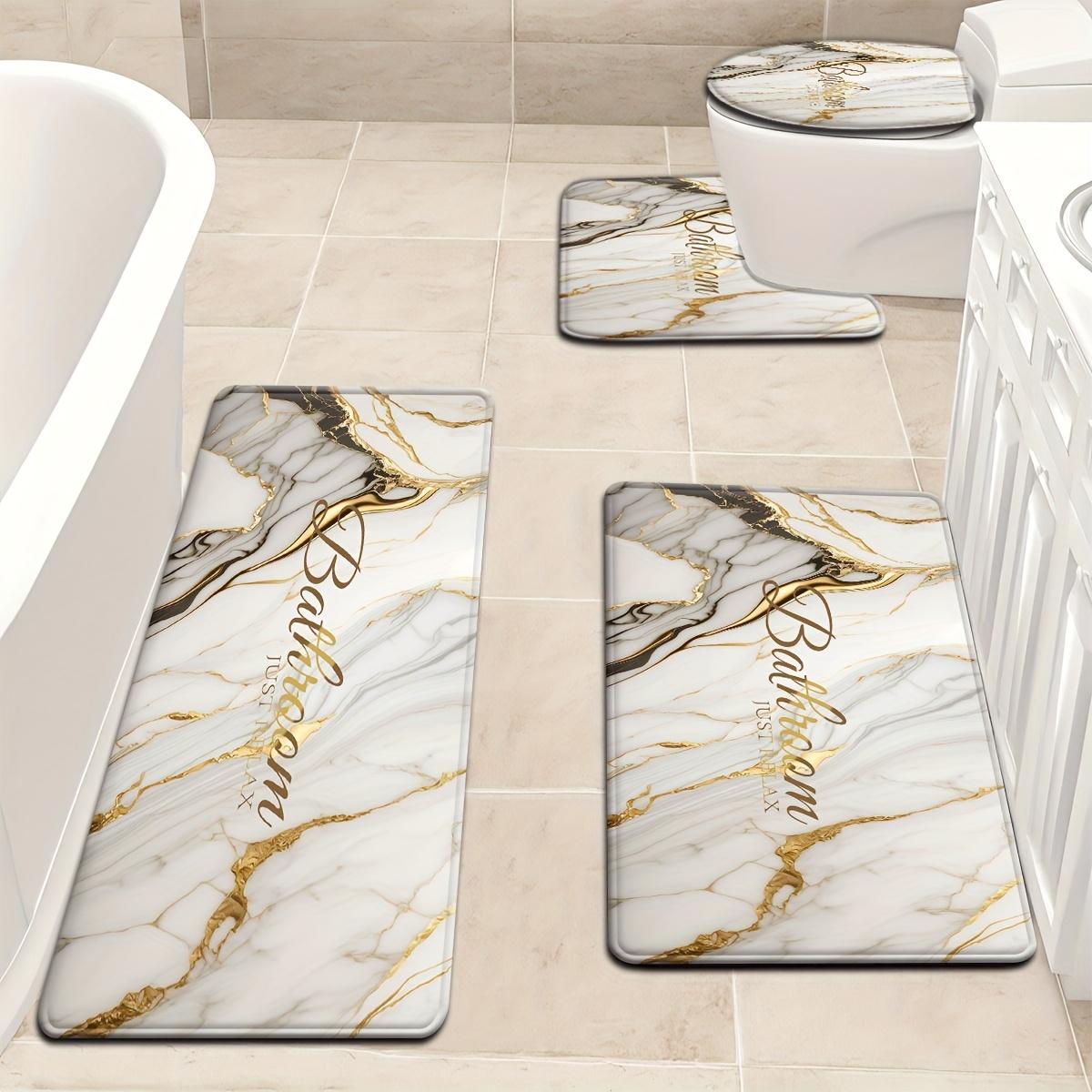 4-Piece Marble Pattern Bathroom Rug Set, Abstract Swirl Ink Fluid Art Bath Mat with "Just Relax" Print, Non-Slip Absorbent Bathroom Accessories with Toilet Lid Cover & U-Shaped Mat for Modern Bathroom Decor