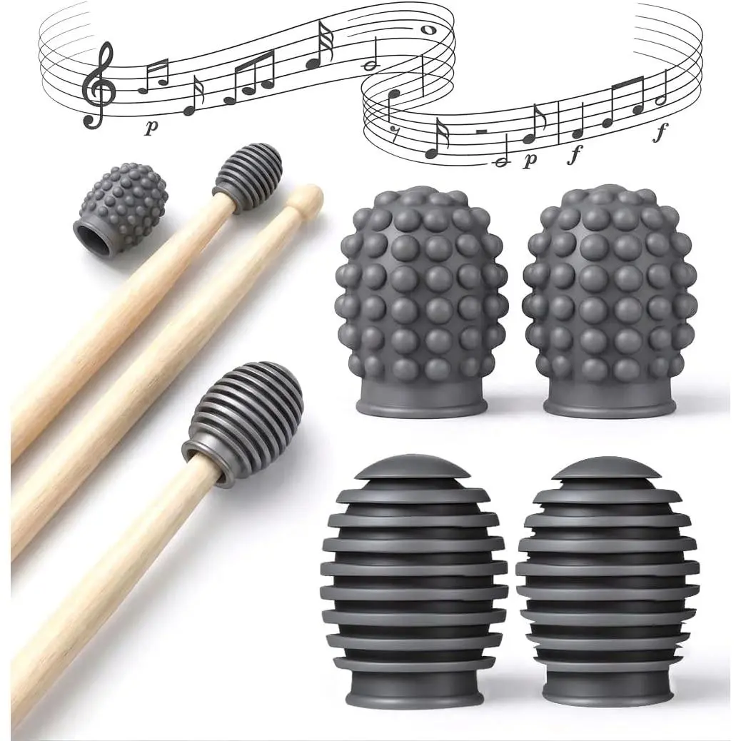 Drum Dampeners for Silent Drumming Practice - Quiet Play Synthetic Drumstick Accessories with 2 Storage Boxes, Classic Grey 360° Protection Tips, Durable Silent Foam Drums & Percussion Accessories (4 Pieces, 2 Styles), Drumsticks