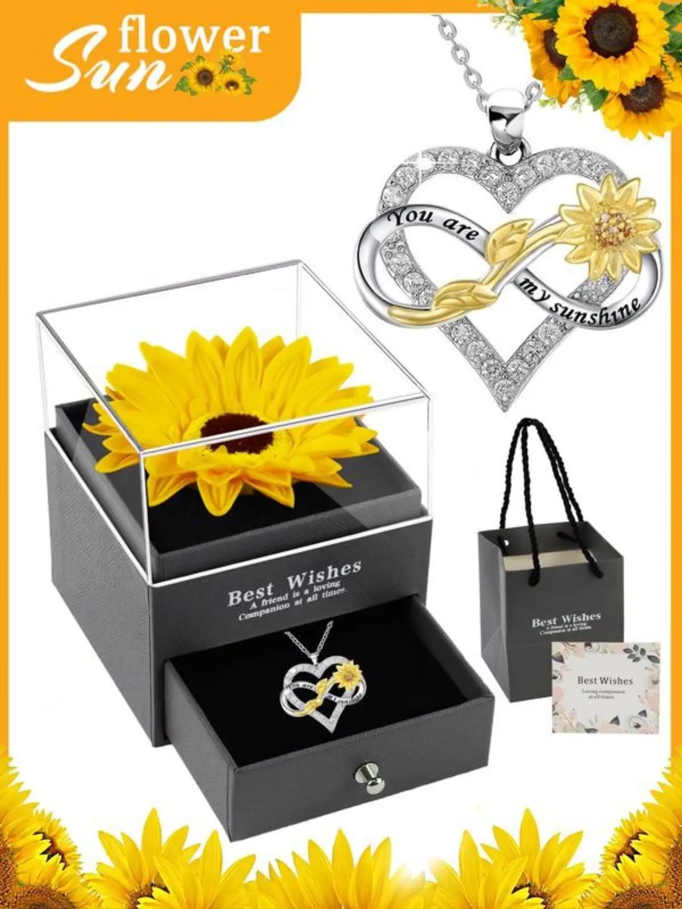Women's Sunflower Heart Necklace, Elegant Jewelry Gift Set, Thanksgiving and Birthday Present, Back-To-School Season Gift