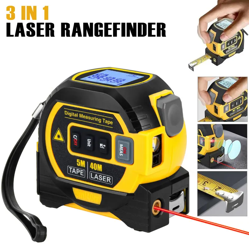 All-in-one 3-in-1 laser distance meter, Smart Measurement, 40M/60M optional, digital LCD backlit display, tape measure, angle measurement, M/in/ft unit switching, indoor and outdoor portable measuring tool