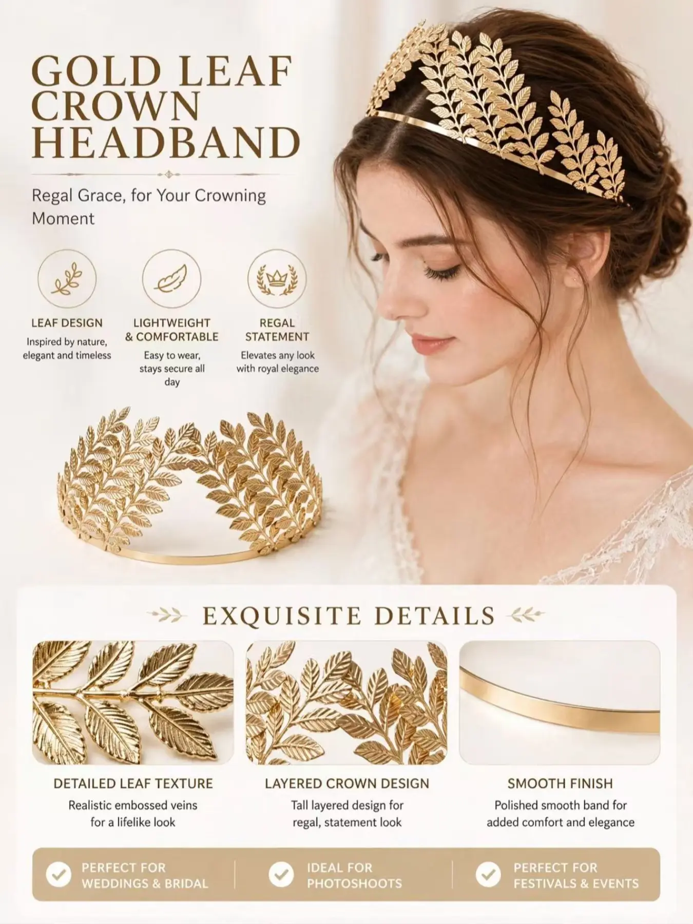 Vintage Gold Laurel Leaf Crown Headband, Roman Goddess Olive Leaf Hair Accessory, Elegant Bride Headpiece for Wedding Party Events