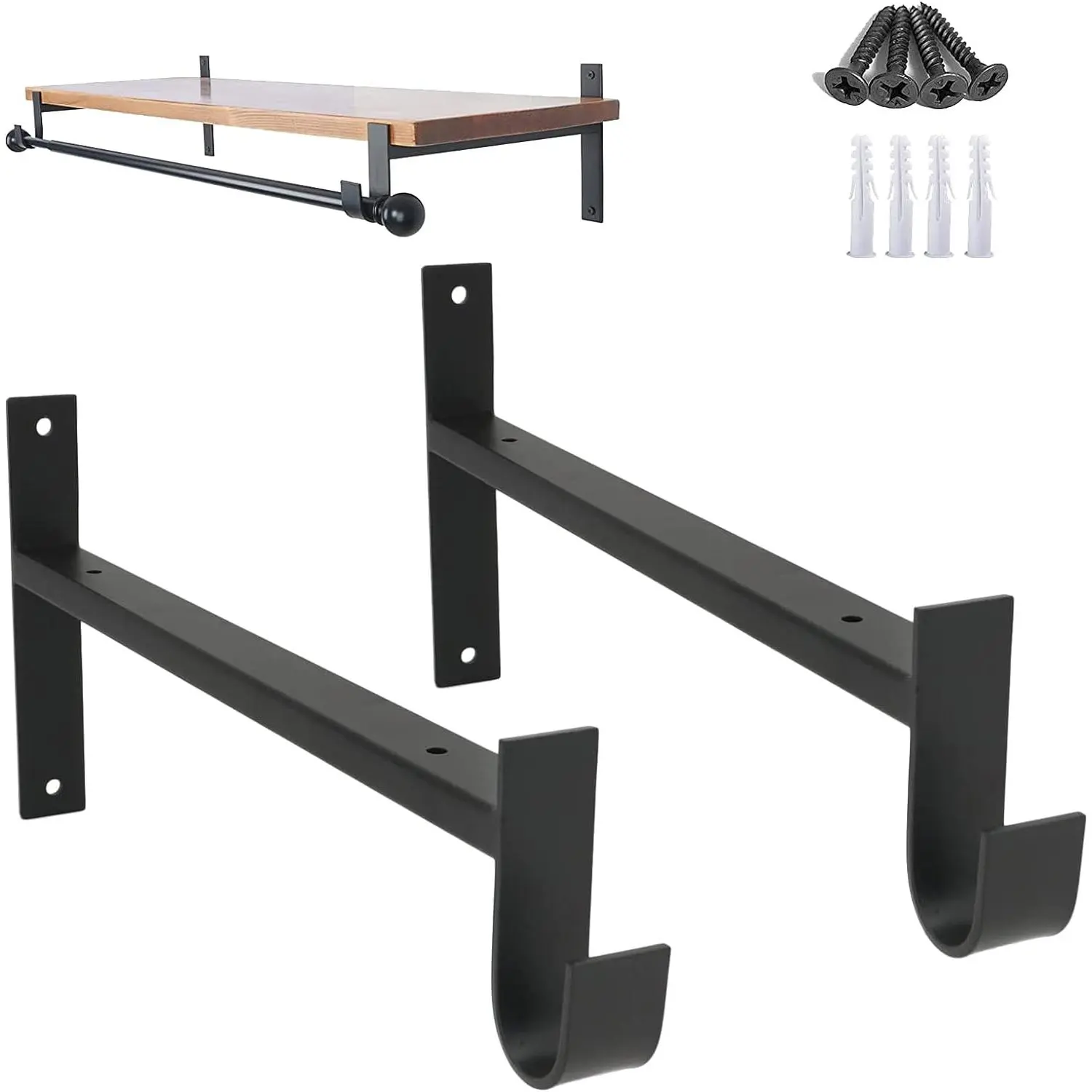 Closet Rod Bracket Heavy Duty Shelf Brackets Black 6 Inch 2 Pack | Fit for Closet Wardrobe Laundry Room and Kitchen, with Hook, Store Above and Hang Below, Supports 66 lbs, Easy to Install