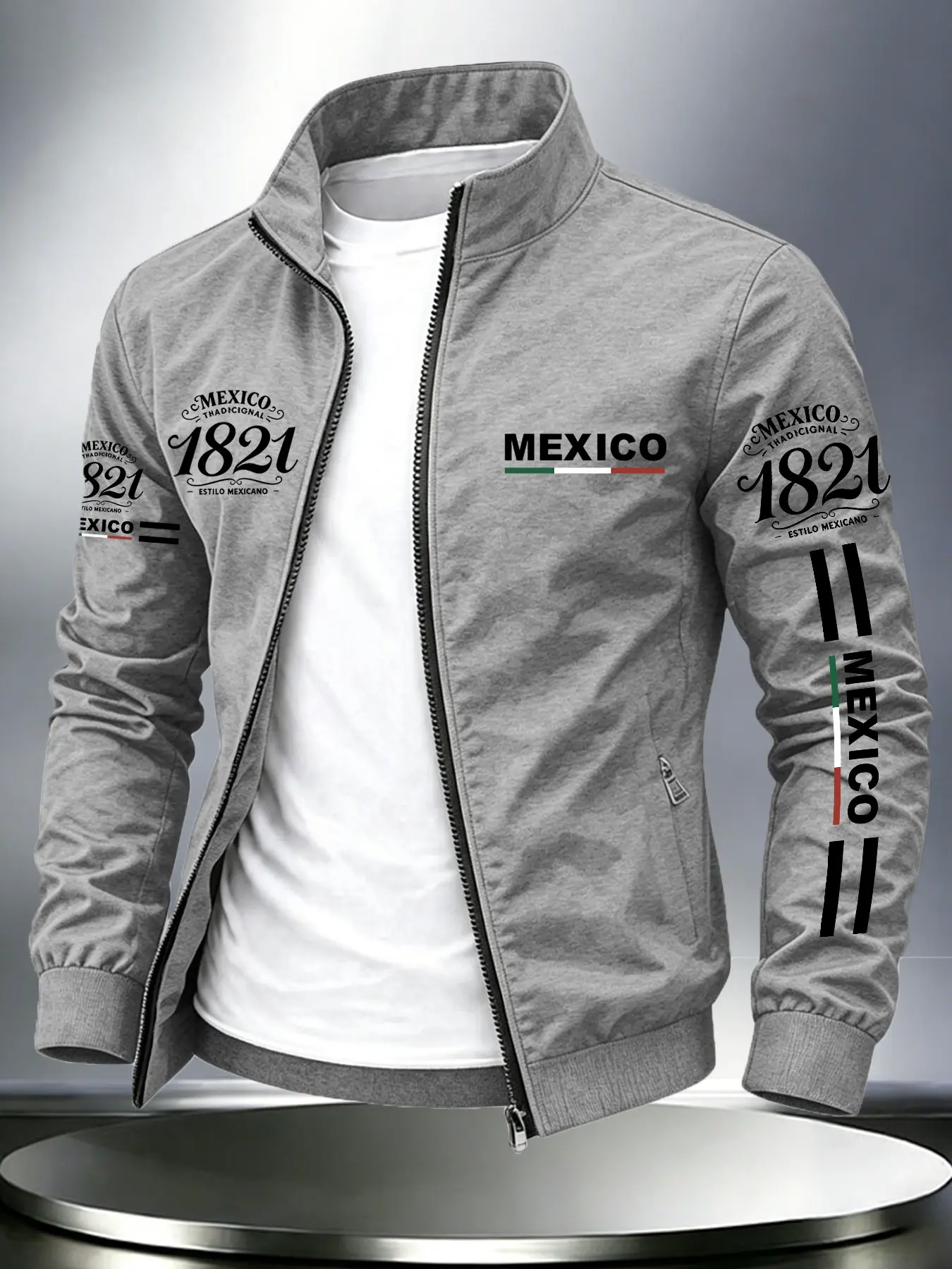 Men's Stand Collar Zipper Jacket, Vintage Mexican Flag Graphic Print, Casual Windproof Outerwear, Perfect for Daily Urban Outdoor Wear