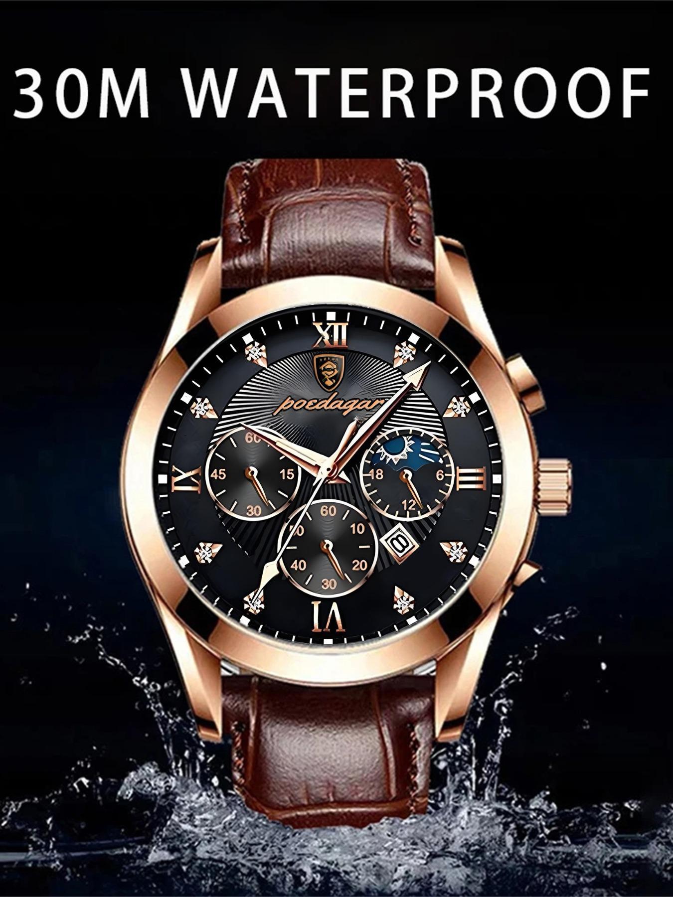 Classic Leather Men's Watch, Business Fashion Watches, Strap, Luminous Analog Watch, Luminous Hands, Calendar Function, Stainless Steel Case, Quartz Movement, Business Style Gift, Quartz Analog Wristwatch detail 6