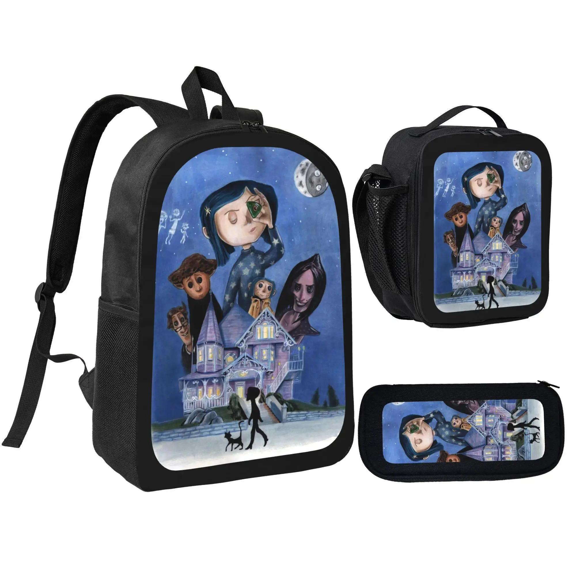 Animated Coraline Movie Unisex Synthetic Backpack with Zipper, Chain Strap, Lunch Bag, Pencil Bag - School Use, Ideal Gift