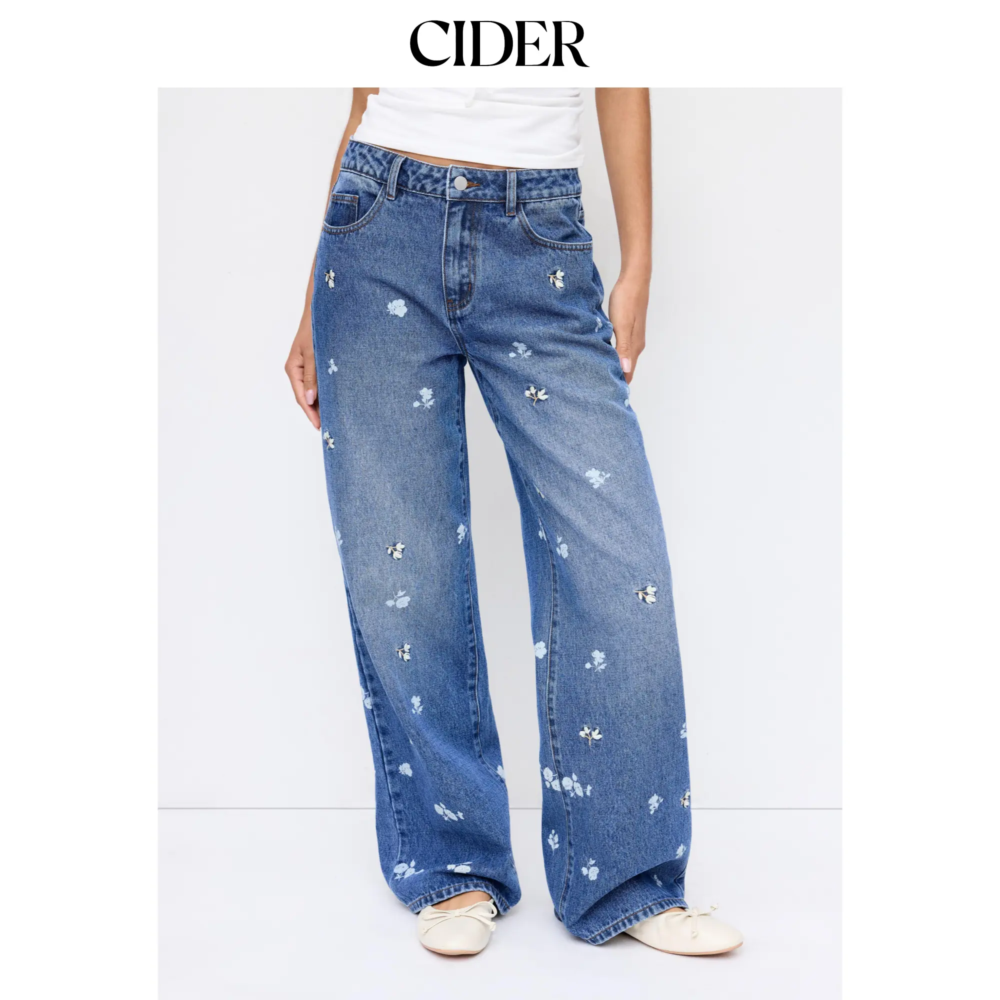 Cider Denim Embroidery Ditsy Floral High Rise Wide Leg Jeans