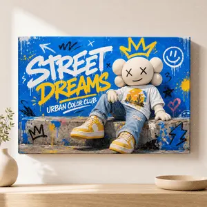 Street Dreams Blue Yellow Graffiti Canvas Poster, Urban Style Cartoon Character Wall Art, Trendy Aesthetic Print for Teen Bedroom, Living Room, Gaming Room, Modern Hip Hop Home Decor Gift,wall decor,poster.