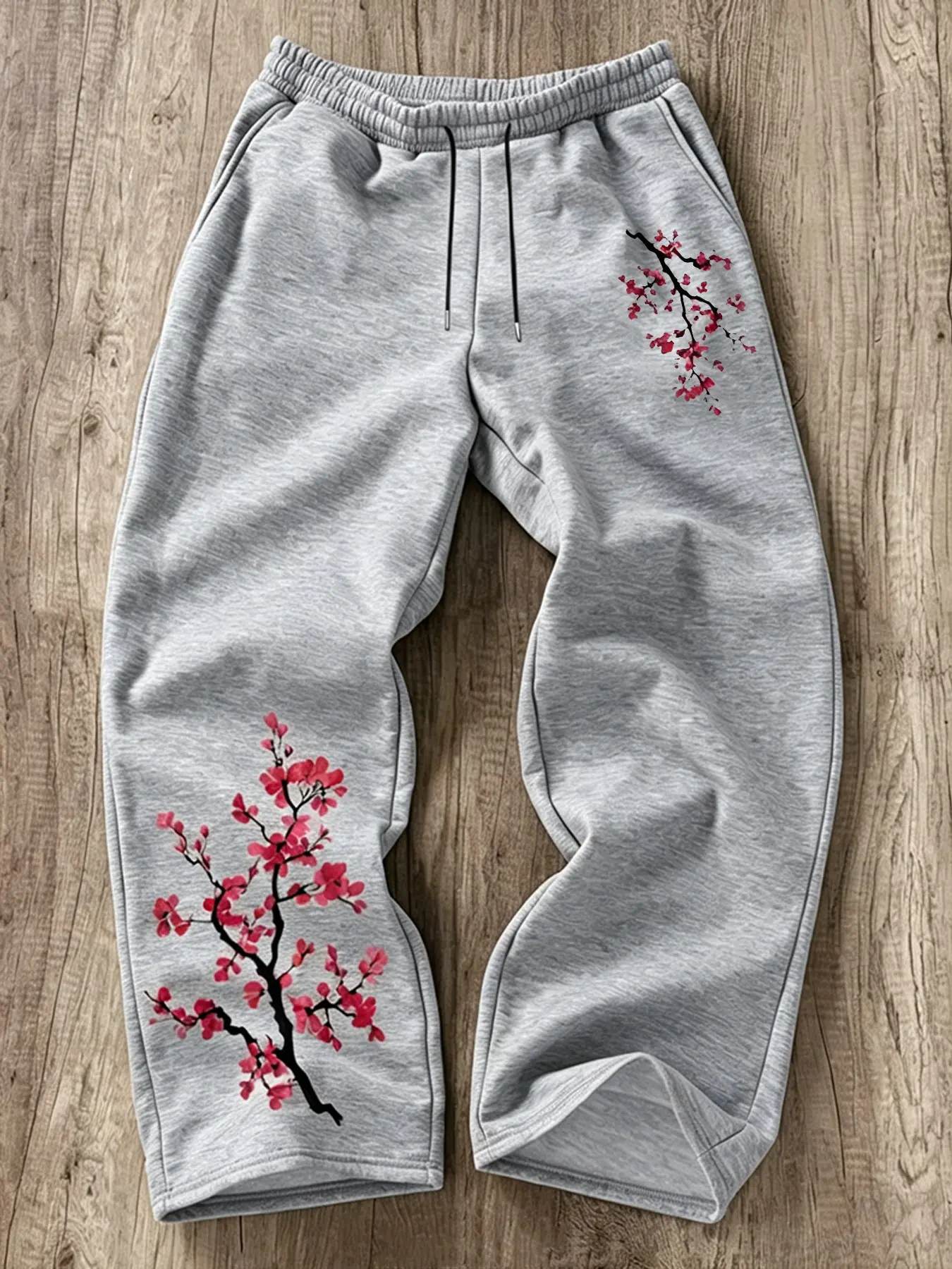 Japanese Minimalist Style Cherry Blossom Print Sweatpants, Soft Breathable Fabric, Unisex Casual Trousers for All Seasons
