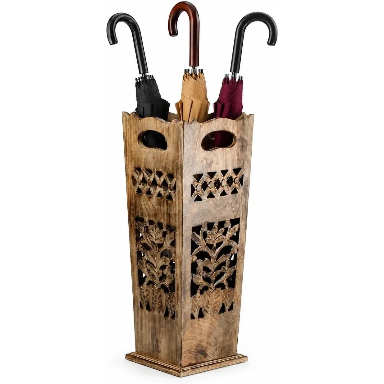 Antique Wooden Umbrella Stand & Walking Cane Holder for Home, Office & Entryway | Hand-Carved Solid Wood Umbrella & Cane Storage Rack | Size 21.5 x 8 x 8 in, Base 7.5 x 7.5 inches (Paisley)