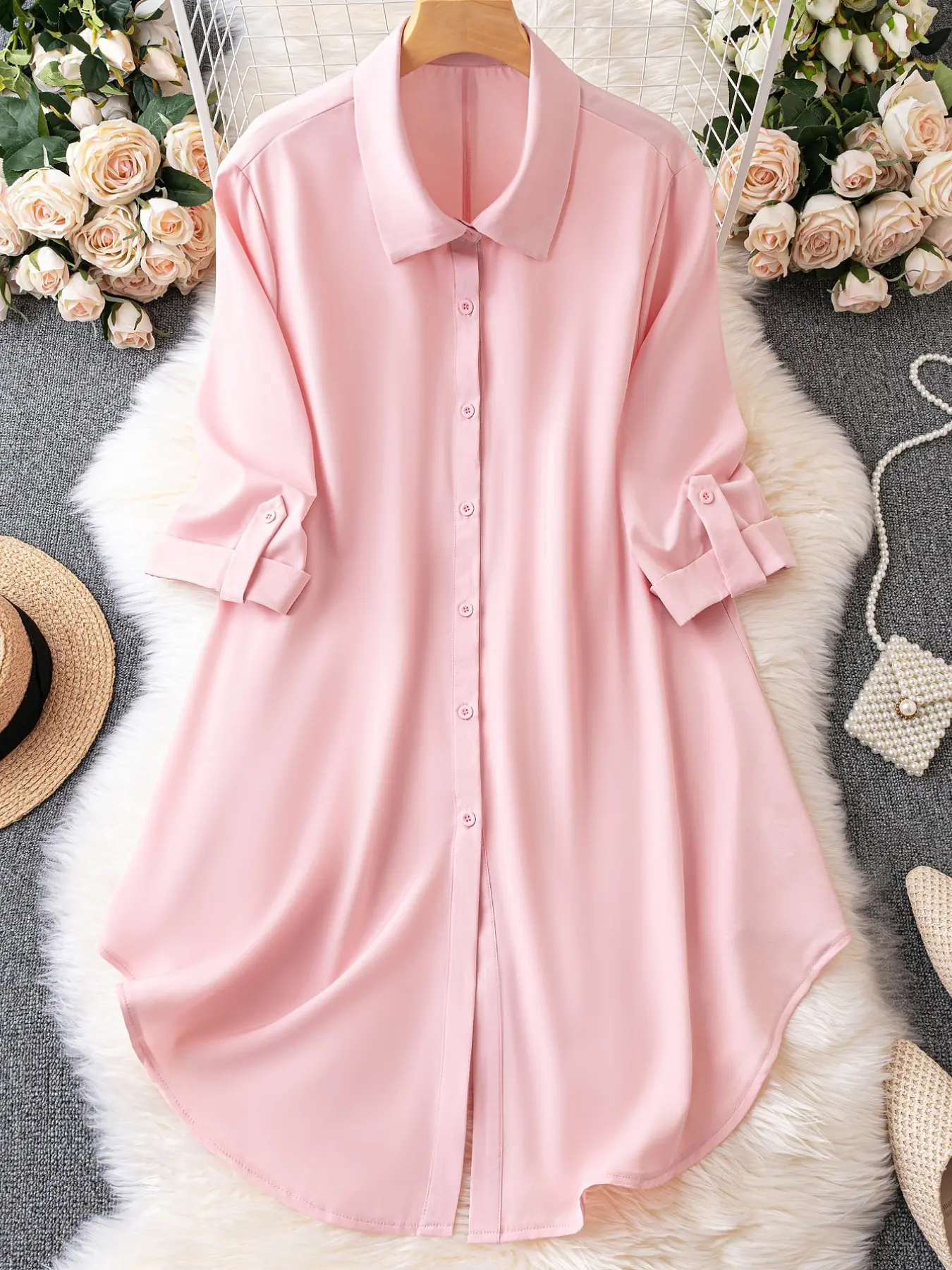 Plus Size Women's Lapel Collar Rollable Hem Mid Sleeve Shirt Dress, Loose Fit Conceals Belly, Casual Office Vacation Everyday Wear