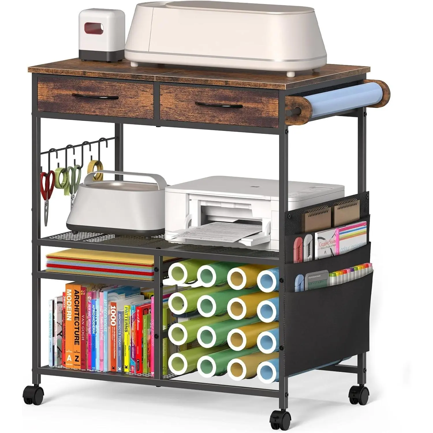 Rolling Craft Cart with 16 Vinyl Roll Holders, Craft Workstation Table with Drawers & Storage, Mobile Craft Cart Compatible with Cricut Machines, with Hooks & Shelves for Craft Room, Home, DIY (Brown)