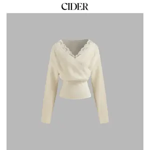 Cider [size 2-10] Knit V-neck Solid Lace Trim Wrap Long Sleeve Top
