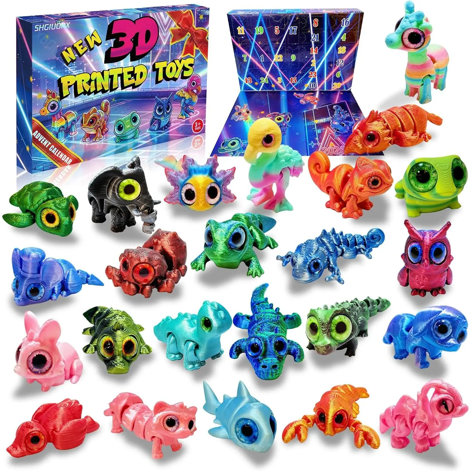 2026 3D Printed Advent Calendar 24 Days Animals Figures with Shining Eyes, Christmas Countdown with 24Pcs Animal Toys, Articulated Flexible Fidget Toys Gift for Kids Boys Girls Teens Toddlers Adults