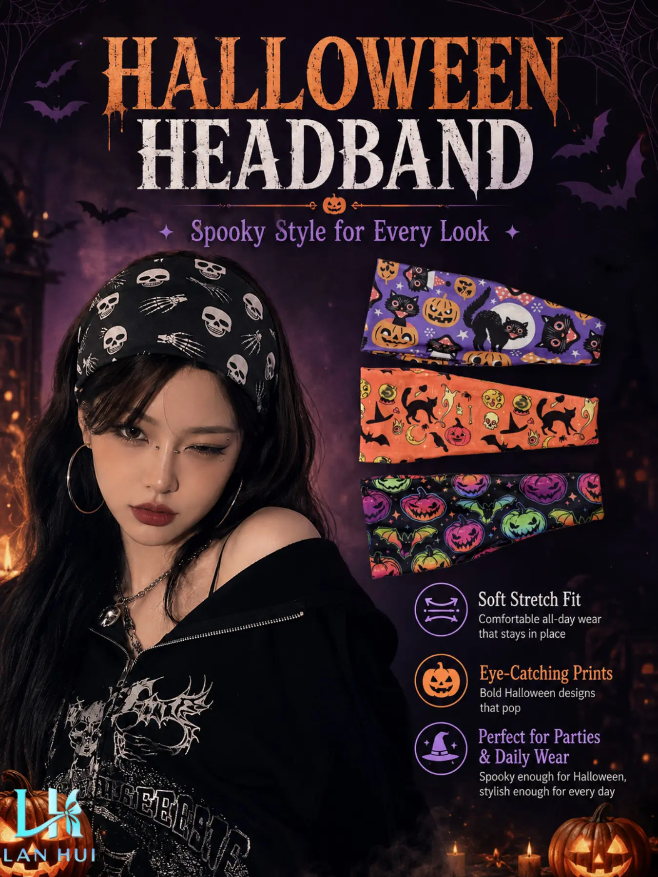Halloween Theme Wide Elastic Hairband Set, Skull Pumpkin Bat Print, High Stretch Non-Slip, Halloween Gift, Girls' Party Cosplay Accessory Style