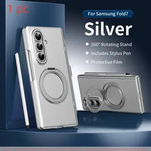 Luxury Matte Phone Case for Samsung Galaxy Z Fold7/6/5/4/3, Includes Tempered Glass, 360° Rotating Stand, Touch Pen, Wireless Charging Support