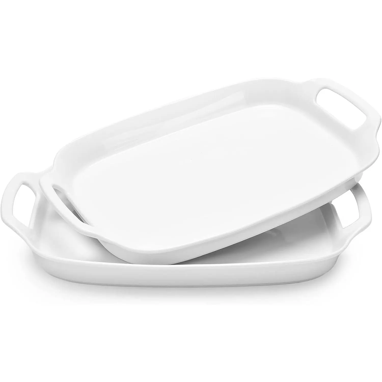 Serving Tray with Handles, 15.4" Large Platters for Wedding Decor, Porcelain Serving Dish for Entertaining, White Plates for Salad Meat Fruit Dessert, Set of 2