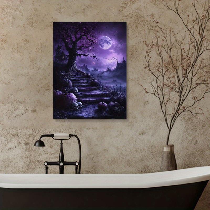 Frameless Gothic Tree and Moon Halloween Canvas Art Poster, Black Purple Sky , Exquisite Decorative Mural for Living Room, Bedroom, Corridor, Office - Ideal Gift for Friends Ornaments Decoration Wall Artistic