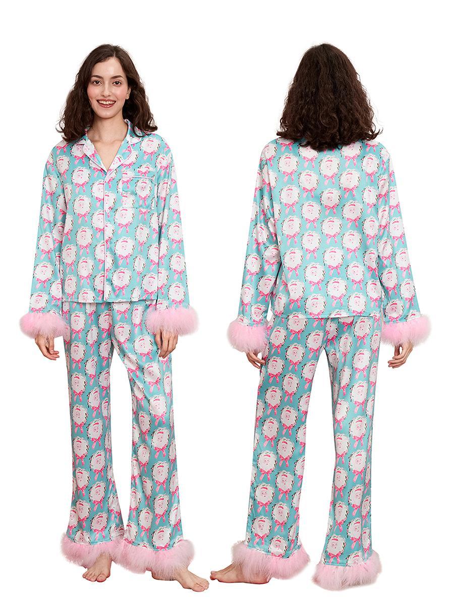 Women Christmas Pajamas Sets Satin Santa Claus/Bow Print Long Sleeve Feather Trim Button Shirts Pants Sleepwear Loungewear