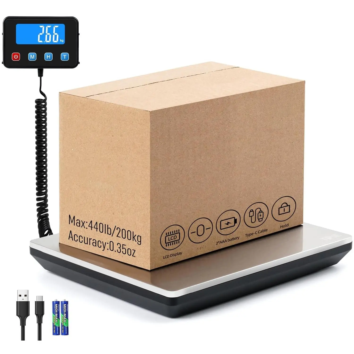 Shipping Scale 440lbs for Packages, Heavy Duty Digital Postal Scale with LCD Display 0.35 oz  Express Scale with Type-C  &   Hold/Tare for Small Business