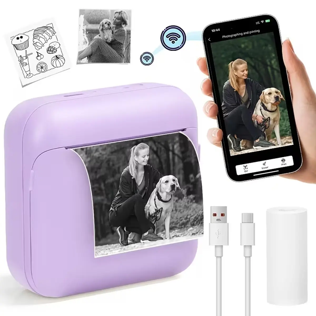 Portable Mini Printer, Thermal Inkless Printer for Photos, Notes, Journals, School Office Home DIY Gifts, Compatible with iOS and Android