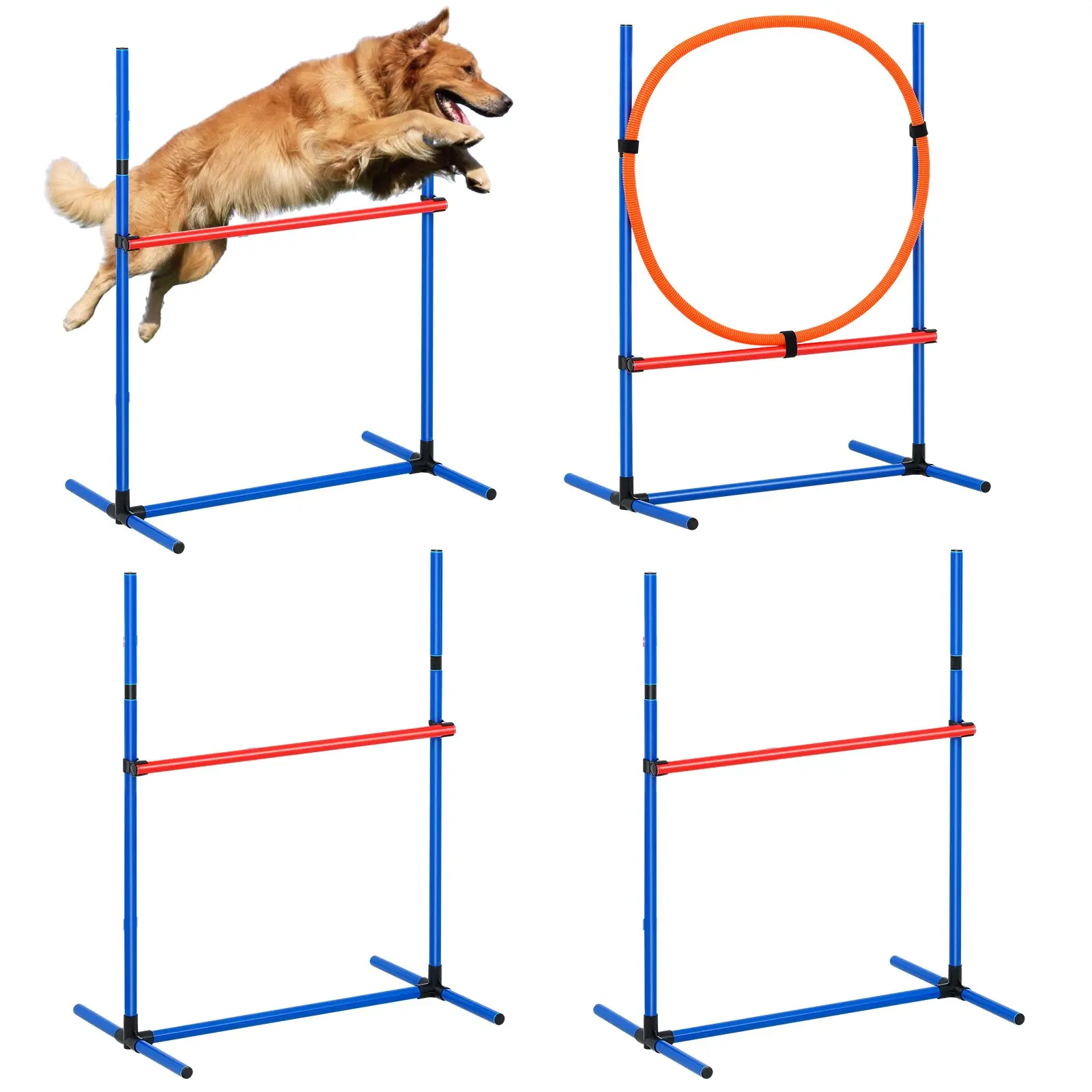 VEVOR PVC Dog Agility Training Equipment 4-PCS Kit - Adjustable High Hurdles, Adjustable Rings, Jump Ring for Jump Practice, Puppy Obstacle Course Starter Kit with Poles Storage Bag for Backyard, Indoor