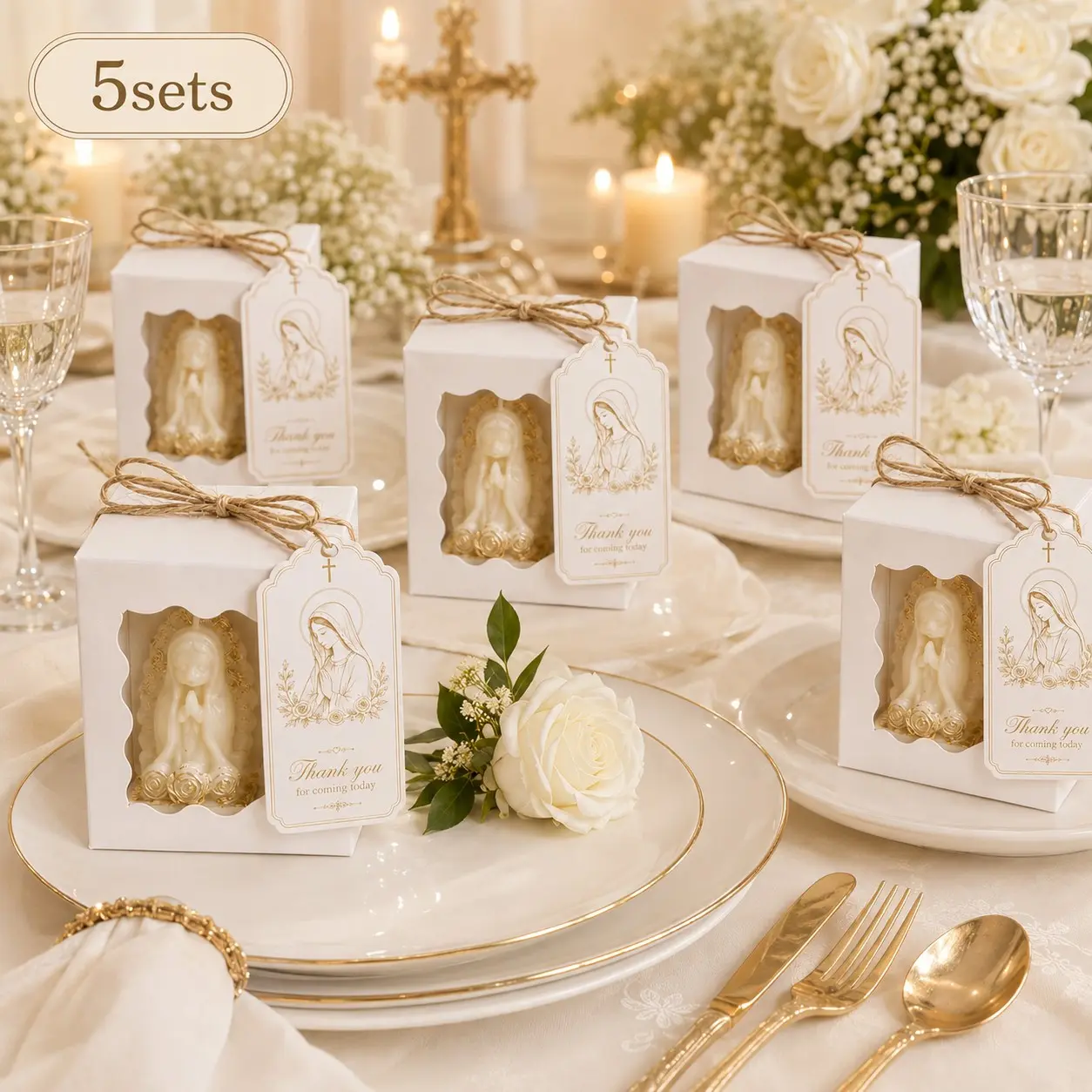 5 Sets Virgin Mary Candle Baptism and Christening Favors, Catholic Religious Candle Gift Set with Gift Boxes, Thank You Cards & Jute Twine, First Communion Guest Gifts, Baby Shower Favors, Church Celebration Souvenirs