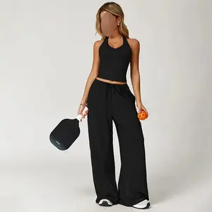Women's Summervibes Casual V-neck Top and Wide-leg Pants Set, Women's Vacation and Travel Outfit, Comfortable Sporty Casual Wear, Yoga Set, Casual Loose Pants, Basic Set, long pant suit Vneck Minimalist Outdoor Fun Breathable Loungewear Set Womenswear