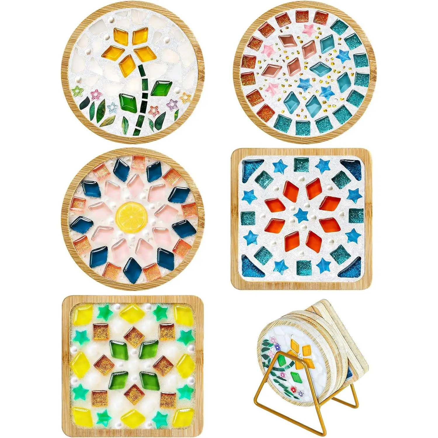 5 Sets DIY Mosaic Kits for Adults Women,  Color Glass Mosaic Tiles Craft Coaster Kit, Complete Mosaic  Craft Set, Wooden Coasters for Drinks  Decoration and  Idea Summer Party