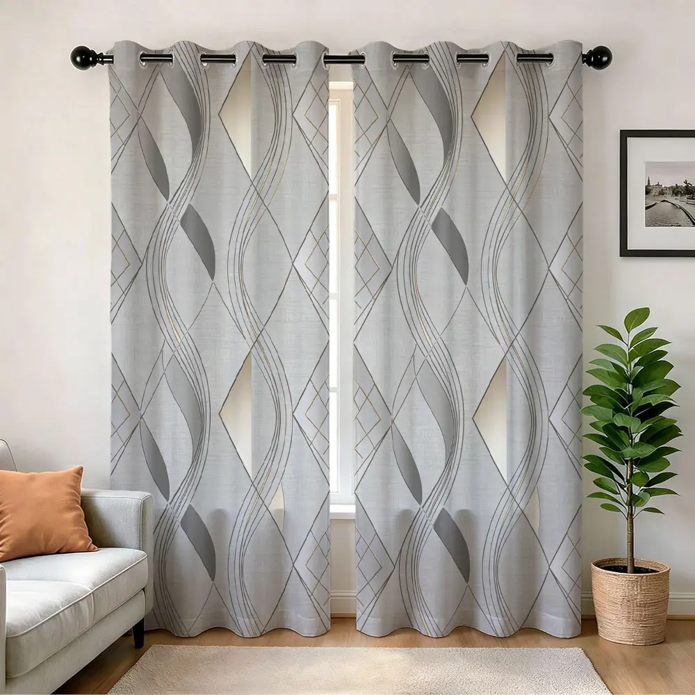 1 Pair Digital Print Semi-Blackout Curtain, Simple Wave Stripe Print, 250gsm Punch Hole Polyester Curtain, Privacy Shade For Home Hotel Decor, Grommet Curtains, Home Decoration Curtain