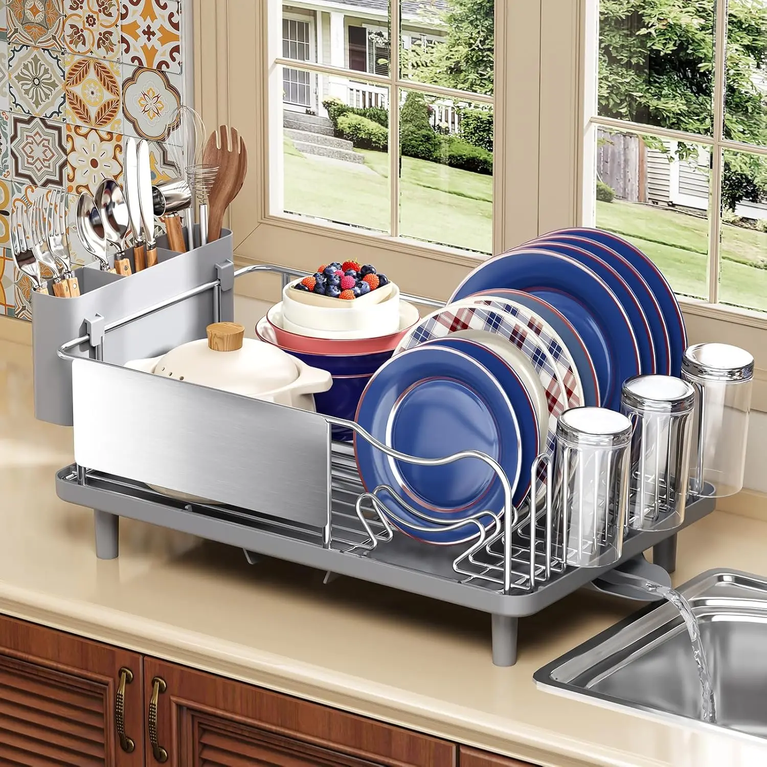 Stainless Steel Dish Drying Rack - Large Capacity Dish Rack for Kitchen Counter with Drain Board, Rustproof Dish Drainer with Auto Drain Spout Utensil Holder Glass Holder, Dinnerware Organizer, Gray