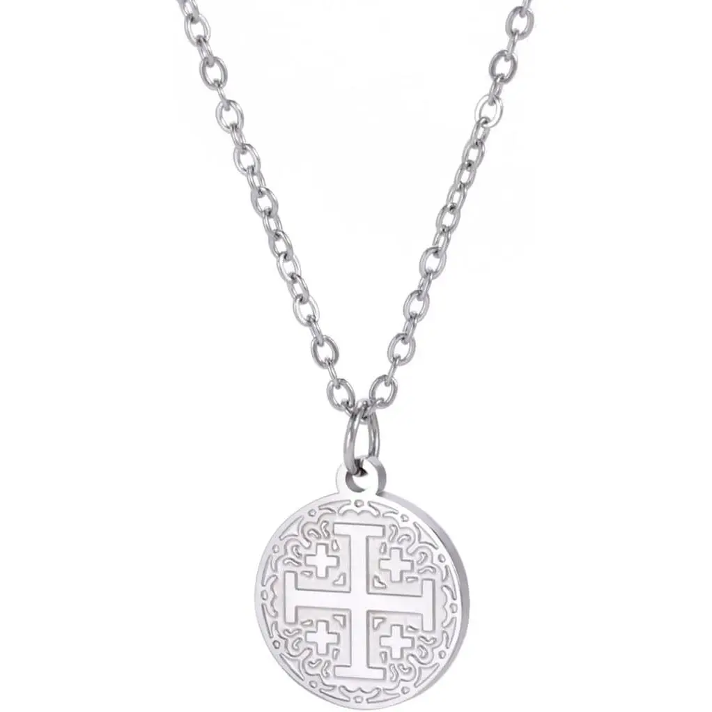 High Polish Jerusalem Cross Pendant Necklace in Stainless Steel, Modern Unisex Religious Motif Jewelry, Water Safe Anniversary Gift
