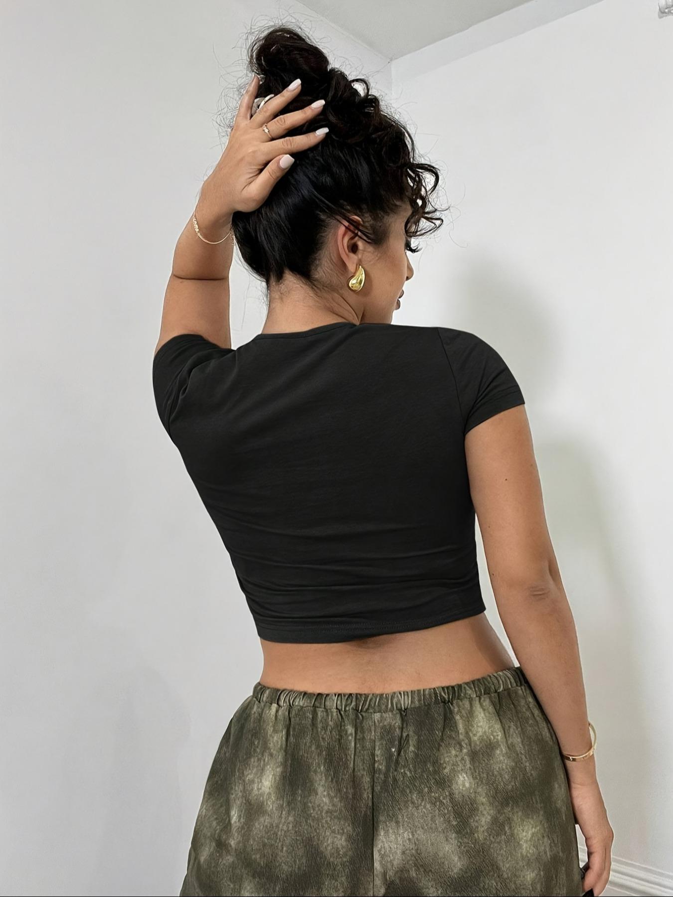 Women's Plain Hollow Out Round Neck Crop Tee, Casual Sexy Short Sleeve Crew Neck T-shirt for Summer, Fashion Women's Top for Daily Wear, Casual Fashionable Top, Womenswear