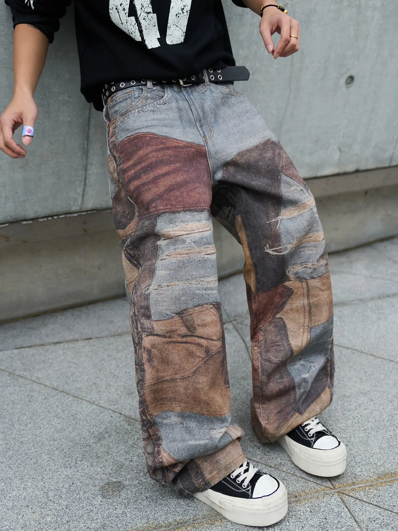 American Vintage Mud Dye Fake Patchwork Ripped 3D Digital Print Loose Oversize Baggy Denim Jeans, Y2K Hip Hop Skate Streetwear Style, All Seasons, Multiple Sizes Available