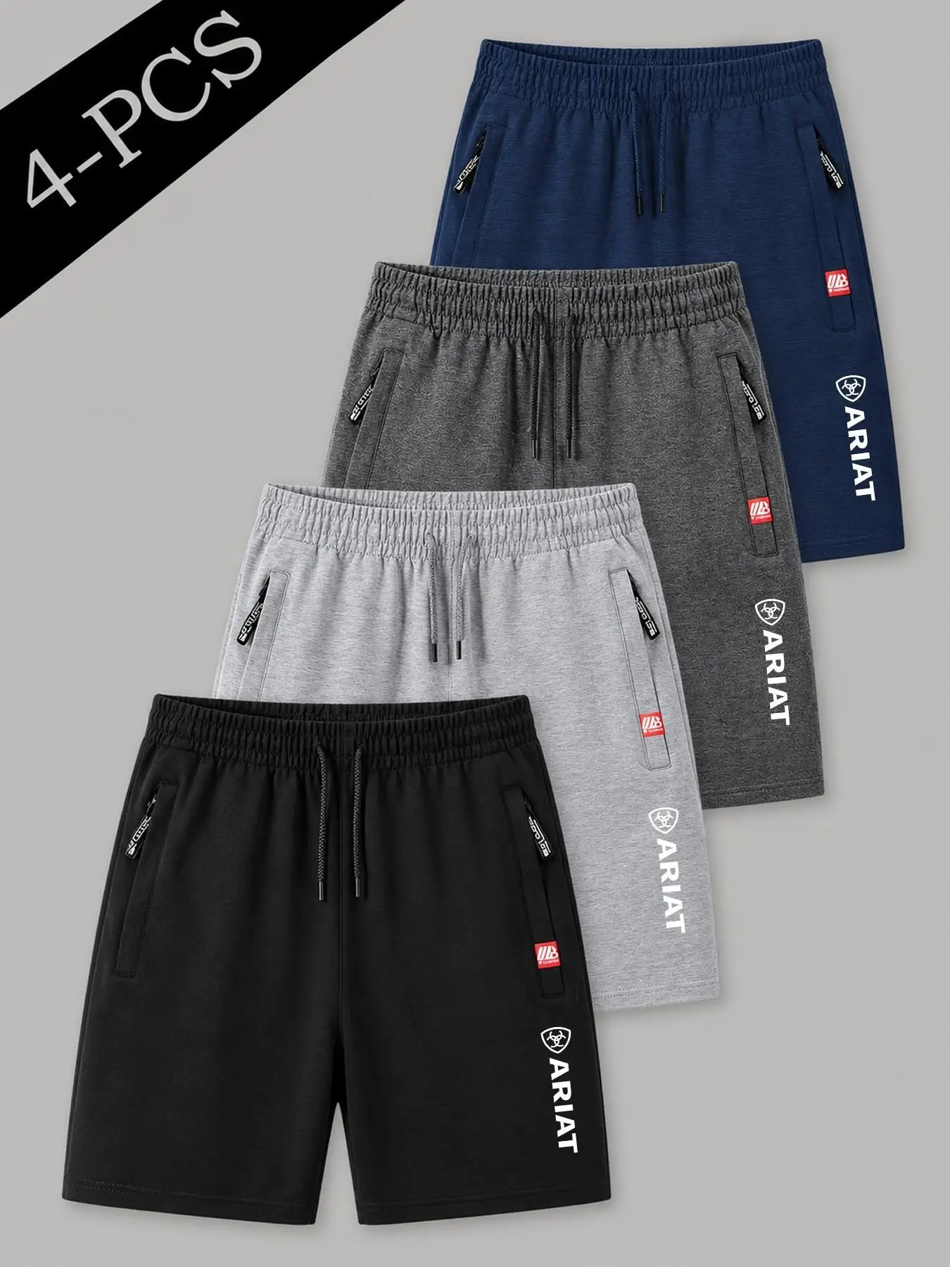 4-Pack Men's Sport Shorts, Ideal for Gym Training, Running, Hiking, Daily Wear, Ariat Letter Print, Breathable, Quick-Dry, Zip Pockets