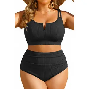 Yonique Women Plus Size High Waisted Bikini - Ribbed Two Piece Swimsuit Tummy Control Bathing Suit V-Wired 2026 Swimwear DealsForYouDays