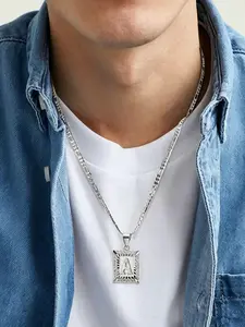 Unisex Vintage Square Initial Letter Necklace, Hypoallergenic Silver Figaro Chain, Figaro Link Chain, Custom A-Z Alphabet Pendant, Back to School Jewelry for Couples, Ideal Birthday & Anniversary Matching Gift for Students