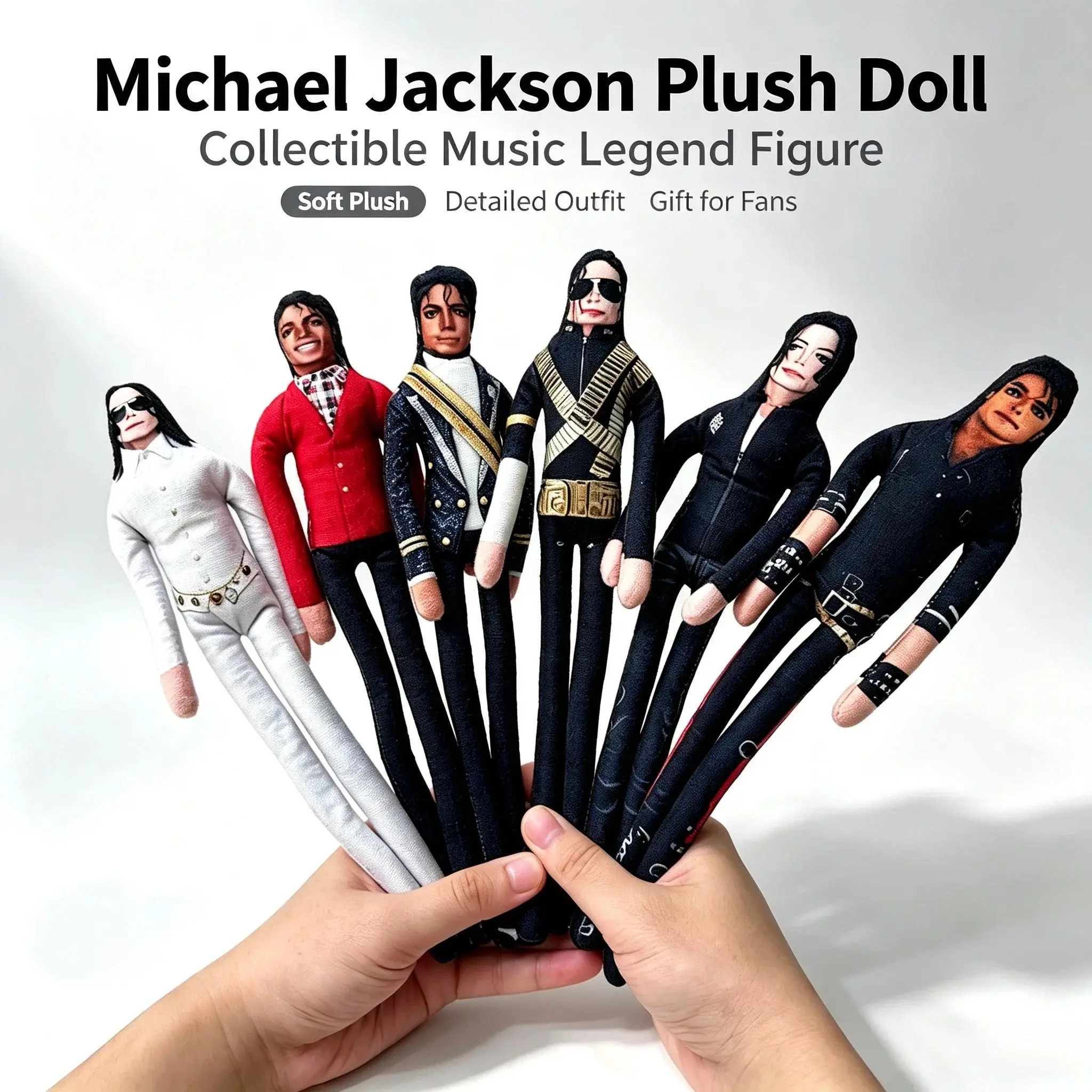 Michael Jackson Plush Doll with 6 Classic Stage Outfits Collectible MJ Stuffed Toy Merch Gift Music Lovers Home Decor Ornament
