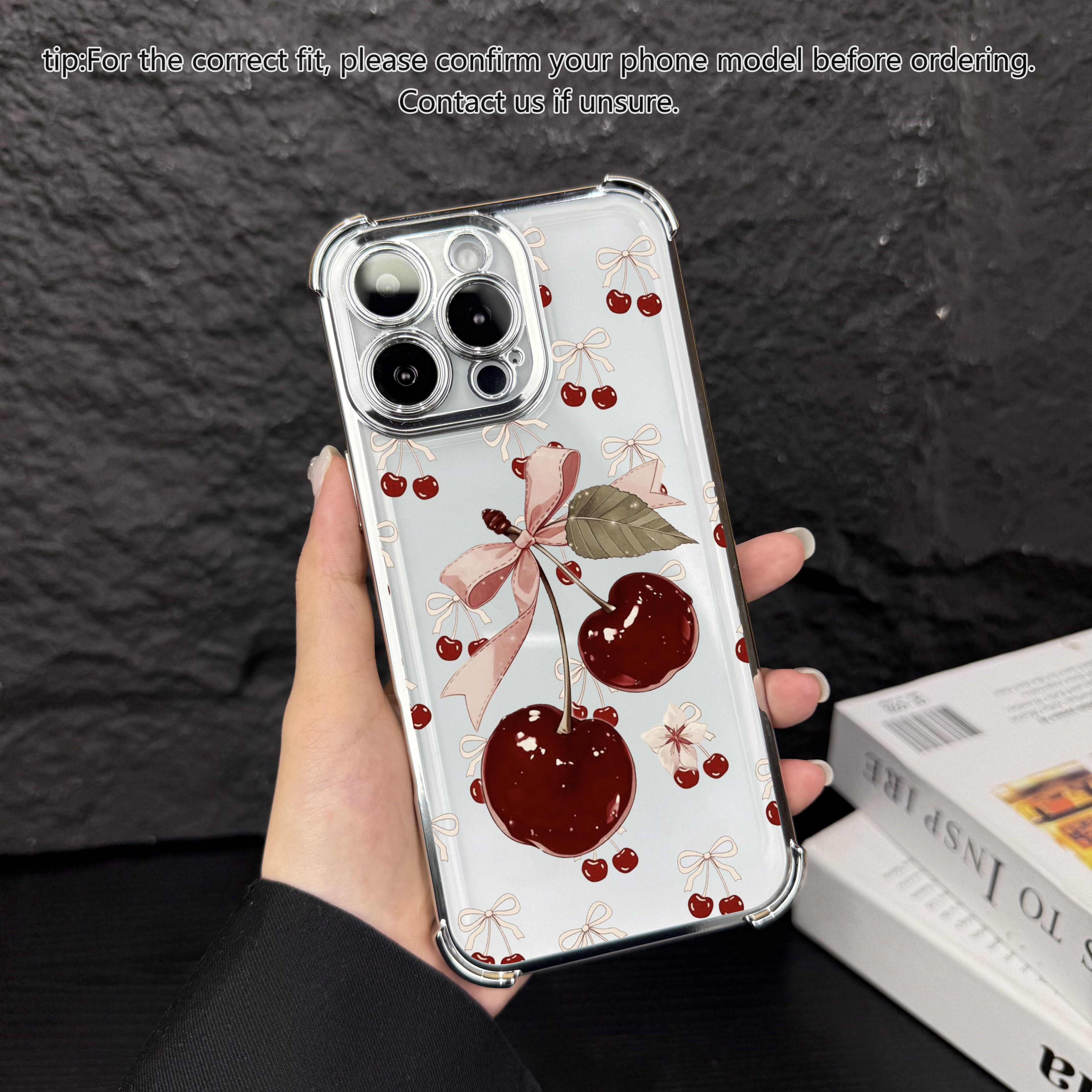 Cute cherry patterned electroplated transparent phone case with four corner airbags to prevent falls, suitable for iPhone 17Pro Max Air 16 15Plus 14 13 12 11 XR XS Samsung Galaxy S26 Ultra S25 Ultra S24 S22 phone case-A186