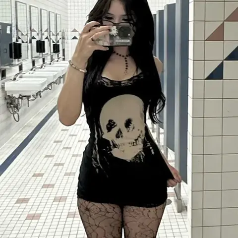 【Black Friday】Women's Summer Skull-Print Bodycon Cami Mini Dress with Contrast Lace Trim and Spaghetti Straps, Casual Chic Dress for Parties and Clubwear, Womenswear