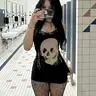 【Black Friday】Women's Summer Skull-Print Bodycon Cami Mini Dress with Contrast Lace Trim and Spaghetti Straps, Casual Chic Dress for Parties and Clubwear, Womenswear