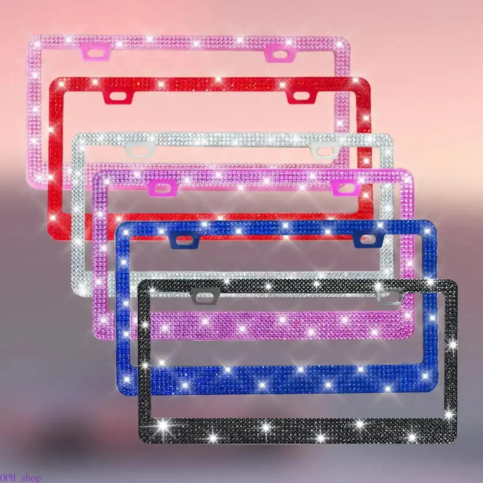 2PCS Acrylic Rhinestone License Plate Frame Universal Fit US Canada Mexico Top Narrow Bottom Wide Bling Car Plate Cover