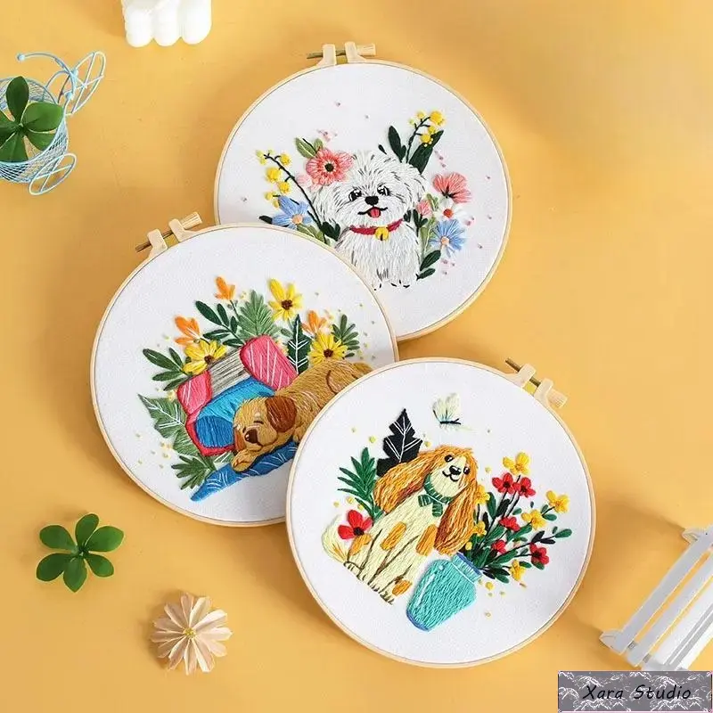 Embroidery Cross Stitch Kit for Beginners, 3D European Style DIY Needlework with Hoop, Floral Puppies Pattern for Wall Art & Home Decor, Fluffy White Puppy, Three Designs