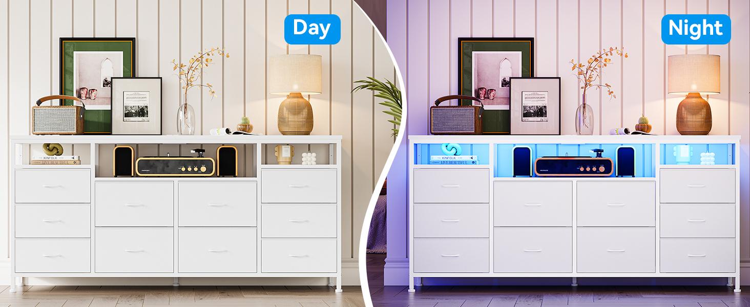 10-Drawer Dresser TV Stand for 65, 70, 75 Inch TVs, 63" W Long Fabric Entertainment Center, Chest of Drawers for Bedroom with LED Lights & Power Outlets,White