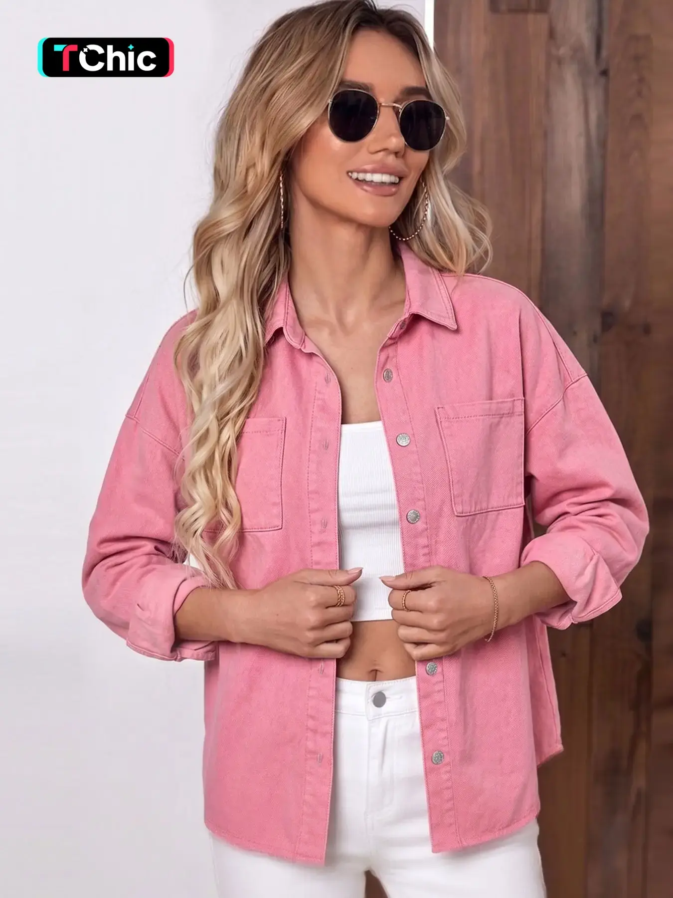 GILIPUR Women's Pink Washed Denim Collared Shirt Jacket, Oversized Drop Shoulder Long Sleeve Button Down Casual Top with Double Chest Pockets, Y2K Vintage Streetwear Daily Layering Vacation Beach Outfits for Women TChic