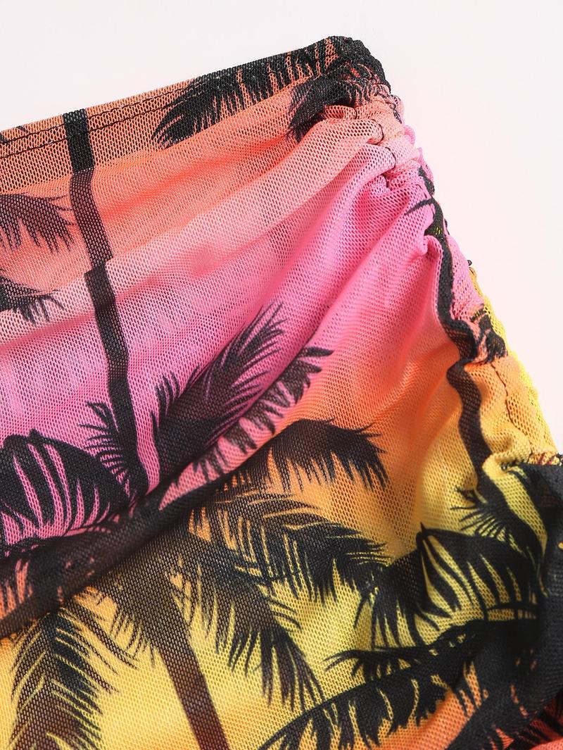 Women's Vacation Palm Tree Printed Halter Bikini Set With Tie Strings And Matching Bikini Set Cover-Up Skirt, Random Print, 4pcs/Set Summer Beach