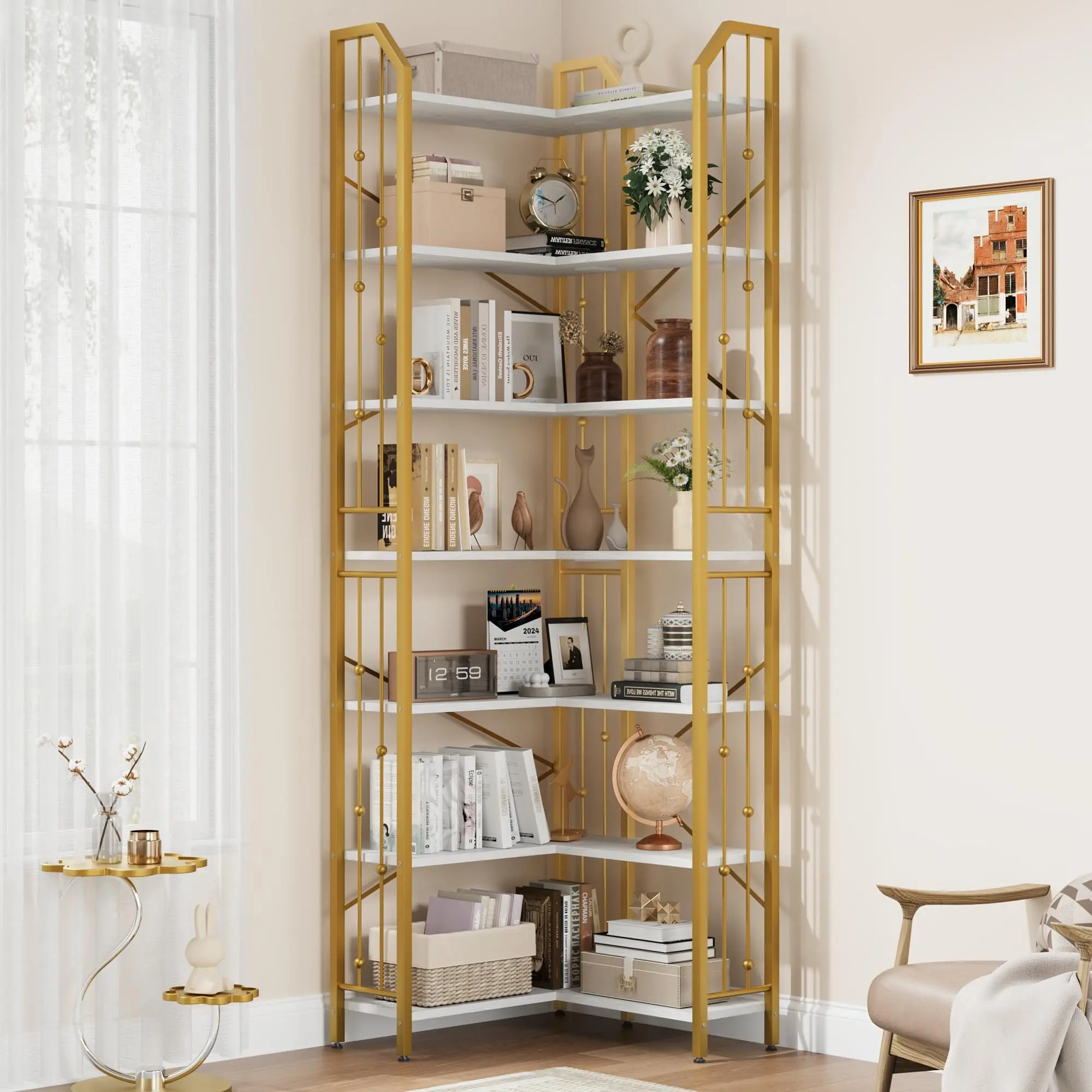Garvee l-Shaped Corner Bookshelf, 5/7-Tier Tall Bookcase, Industrial Storage Display Shelves for Living Room, Home Office