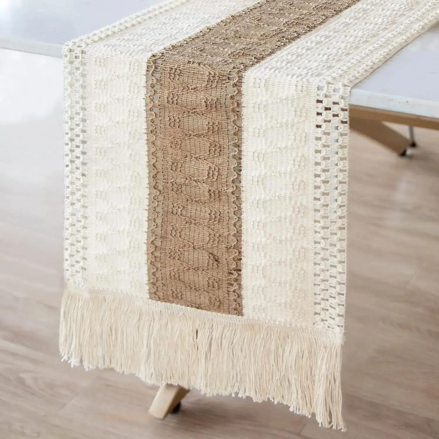 Natural Linen Macrame Table Runner (108in x 12in) - 100% High Quality Cotton, Durable, Hand-Woven, Hollow Stripes, Tassels, Floral Accents, Rustic Boho Farmhouse Home Decor for Wedding, Sports & Outdoor Use